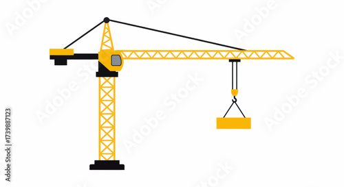 Yellow construction tower crane lifting a heavy block.