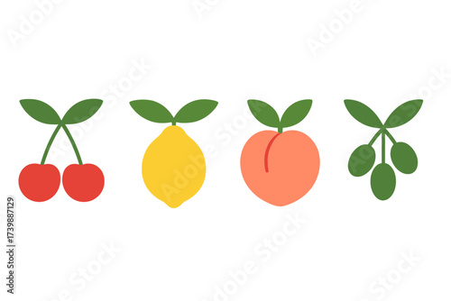 Minimalist set of ripe cherry, bright yellow lemon, juicy peach, and green olives