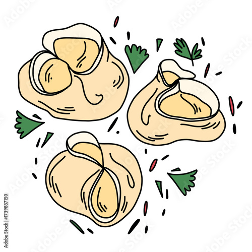 Boiled manti made from meat dough surrounded by herbs, delicious doodle-style illustration for menu