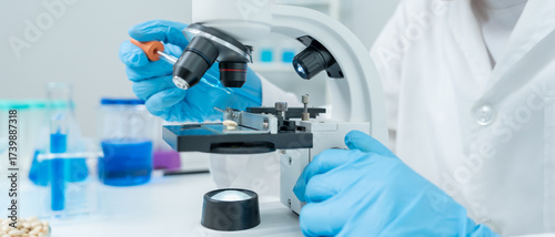 Scientist check chemical food residues in laboratory. Control experts inspect quality of fruits, vegetables. lab, hazards, ROHs, find prohibited substances, contaminate, Microscope, Microbiologist