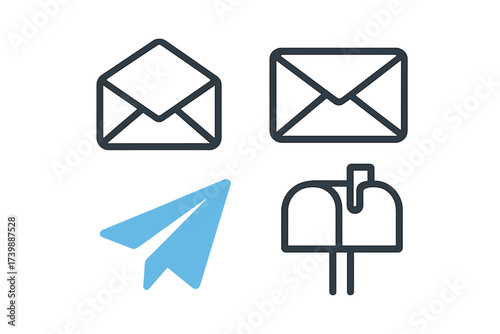 Collection of communication symbols including envelopes, paper airplane, and traditional mailbox