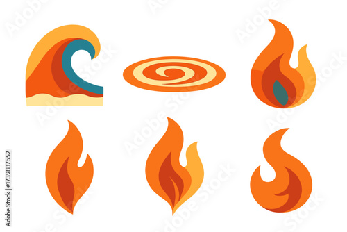 Stylized natural elements set featuring ocean wave, energy vortex, and fire flames in layered paper cut style