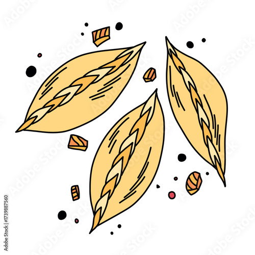 Doodle-style baked dough pies with golden brown fish filling, illustration for a menu