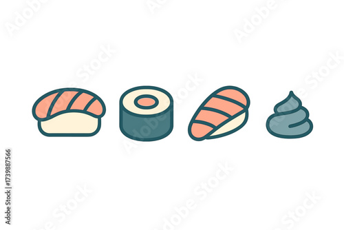 Minimalist set of Japanese sushi icons featuring nigiri maki and wasabi