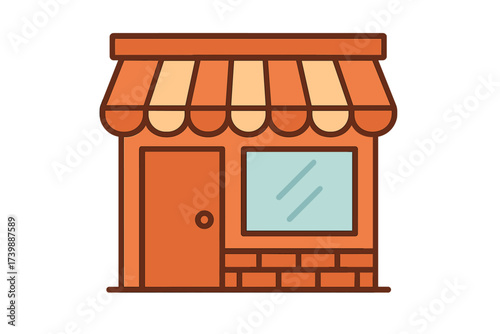 Small business storefront building with orange striped awning and brick base
