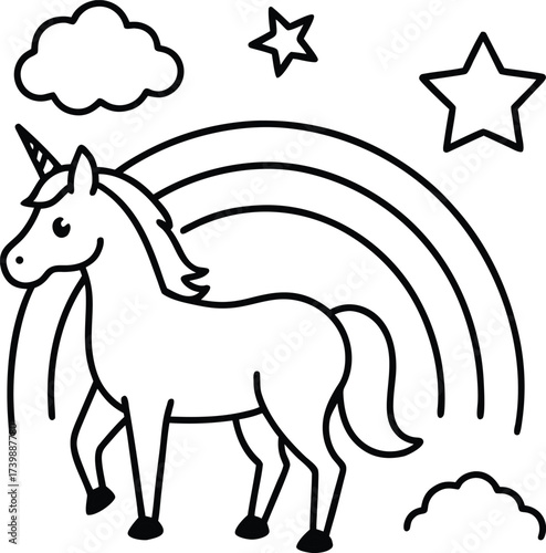 magical unicorn meadow with rainbow skies coloring