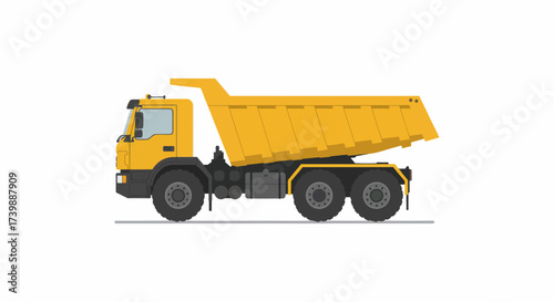 Heavy duty yellow dump truck construction vehicle.