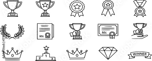 Award and trophy line icon set. winner achievement illustration vector