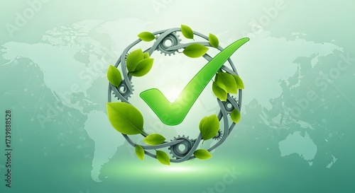 Green check mark inside a circular frame of leaves and gears, symbolizing environmental sustainability and approval