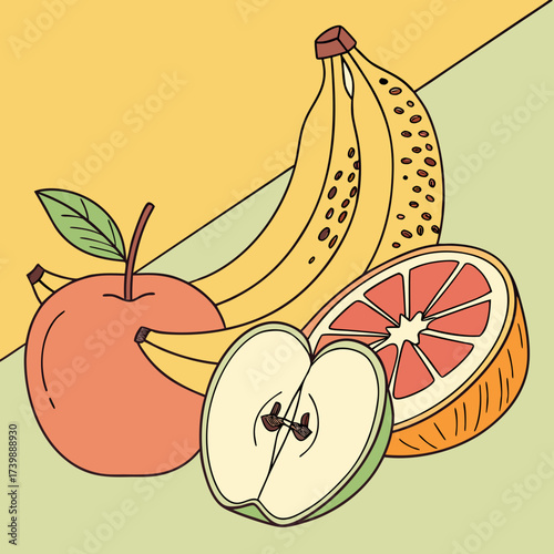 Still life illustration of fresh fruits, apple, banana and grapefruit