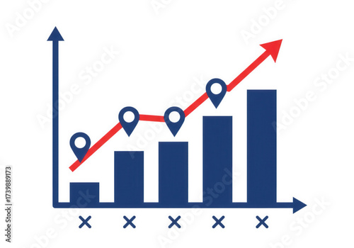This bar graph illustrates an upward trend, with a red arrow emphasizing the positive direction. It represents growth, progress, and success in business or finance.