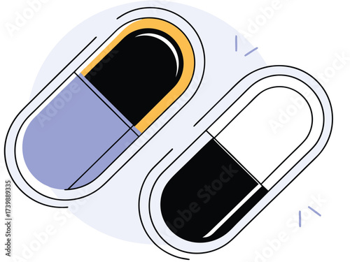 Vector art of two stylized capsules, one blue and yellow, one black and white