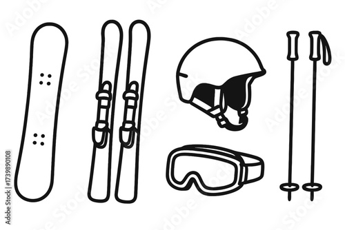 Essential winter sports gear outline set for skiing and snowboarding activities