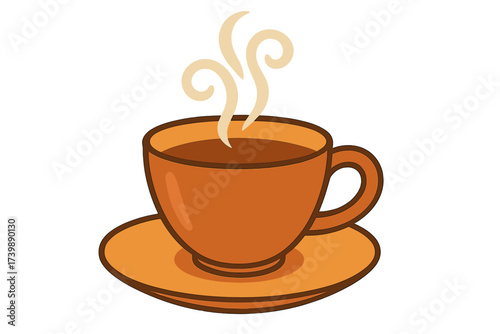 Steaming hot beverage in a brown ceramic cup and saucer isolated on white