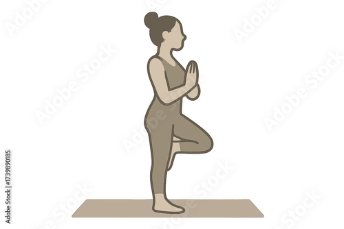 Minimalist woman maintaining balance in yoga Tree Pose posture on mat