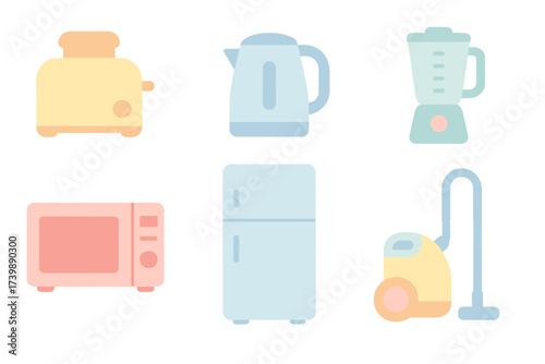 Six pastel colored household appliances including toaster kettle and blender icons