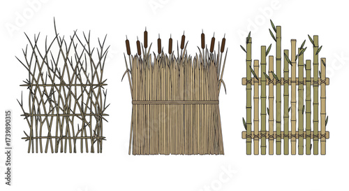 Collection of natural fences including wattle reed and bamboo.