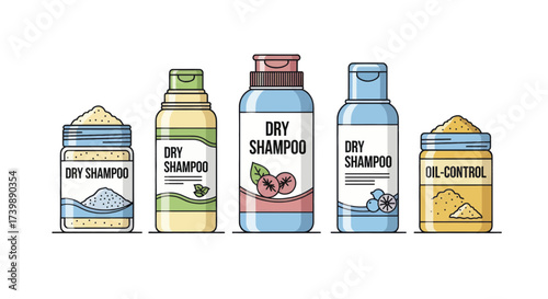 Collection of dry shampoo bottles and jars vector illustration Set of cosmetic hair care products in flat line art style.