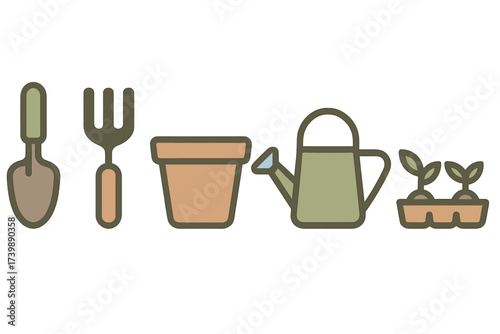 Essential gardening equipment including shovel, fork, flower pot, watering can, and young seedlings