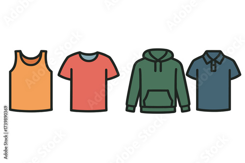 Set of basic casual garments featuring a tank top, short sleeve t-shirt, hooded sweatshirt, and collared polo