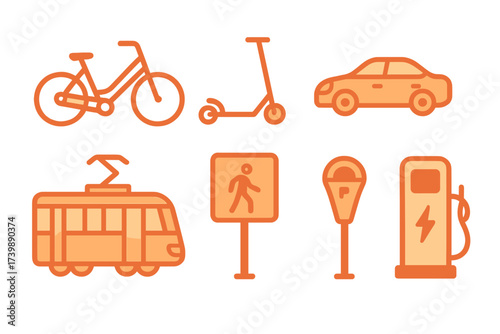 Modern urban mobility icons set for public transportation and personal vehicles