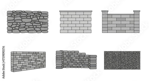 Set of six different types of stone and block walls vector illustration.