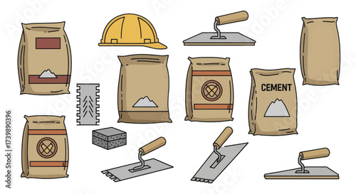 Set of construction icons with cement bags and masonry tools.
