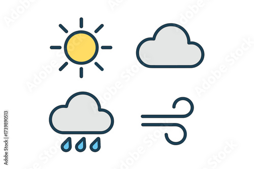 Set of four essential weather condition symbols: sun, cloud, rain, and wind