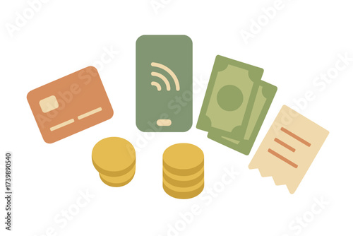 Essential elements for financial transactions featuring cash, credit card, mobile payment, and receipt