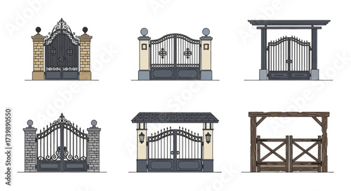 Collection of six different styles of entrance gates isolated on a white background.