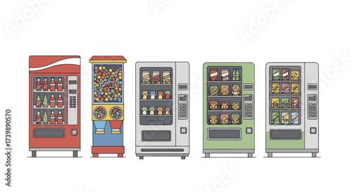 Collection of colorful vending machines with snacks and drinks illustration.