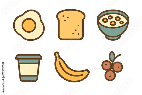 Minimalist set of six healthy breakfast foods including egg, toast, cereal, fruit, and beverage