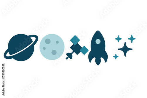 Simple flat design space icons set featuring planets, moon, satellite, rocket, and stars