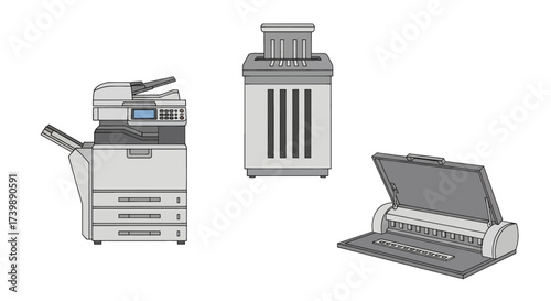 Office equipment set with multifunction printer paper shredder and scanner isolated on white.