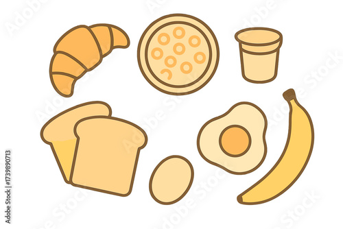 Collection of common breakfast foods including croissant toast fried egg banana and cereal