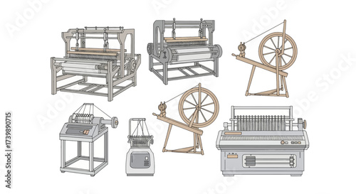 Collection of Textile Machines Including Looms Spinning Wheels and Knitting Machines.