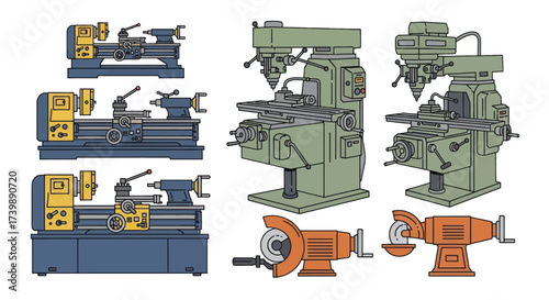 A collection of industrial metalworking machine tools including lathes milling machines and bench grinders illustrated in a simple line art style.