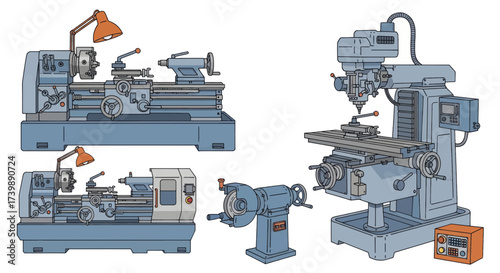 Set of industrial metalworking machines including lathe milling machine and grinder.
