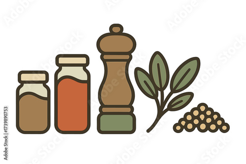 Assortment of kitchen cooking ingredients featuring spice jars, pepper mill, and fresh herbs