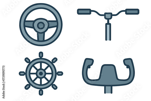 Set of steering controls icons featuring car wheel, bicycle handlebars, ship helm, and aircraft yoke