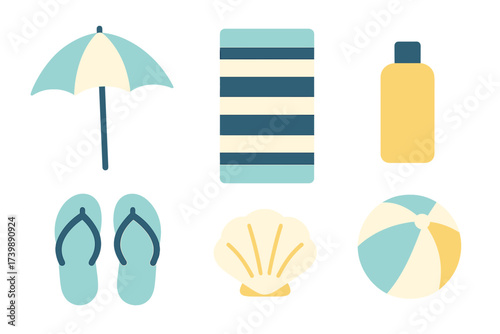 Minimalist collection of summer beach vacation essentials like umbrella, towel, and flip flops