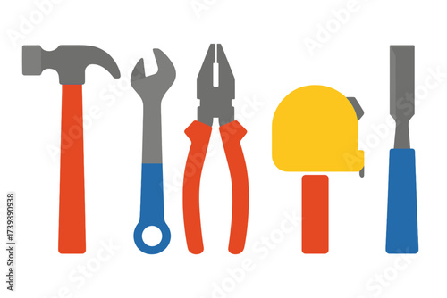 Set of essential construction and repair hand tools including hammer and wrench