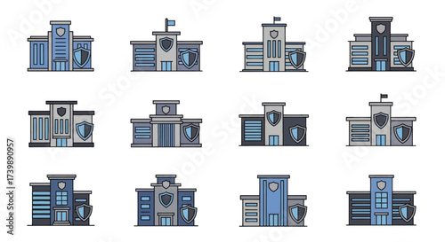 Vector set of police station building icons with shields isolated on white background.
