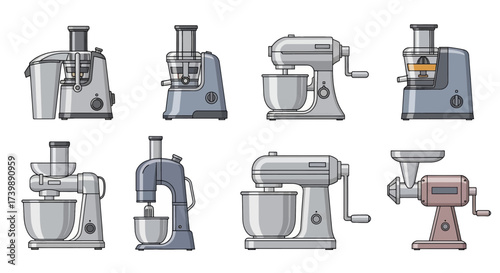 Illustrated collection of various kitchen appliances on white background.