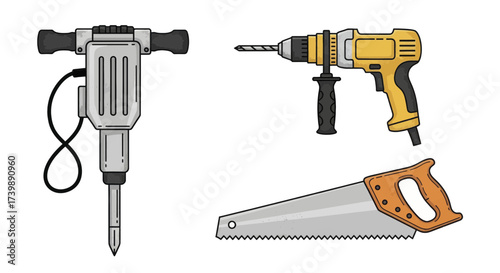 Set of construction tools with jackhammer drill and hand saw vector illustration.