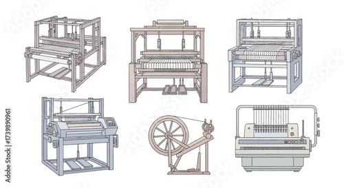 Collection of various textile weaving looms and spinning wheel illustrations.