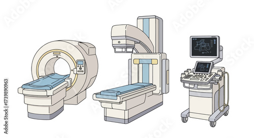 Set of medical diagnostic equipment including MRI Xray and ultrasound machines.