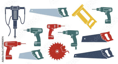 Colorful set of construction and repair tools with grunge texture.