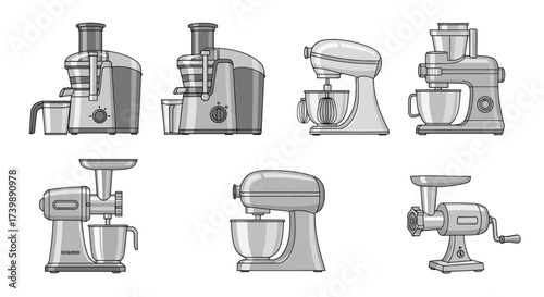 Kitchen appliances set with juicer mixer and meat grinder.