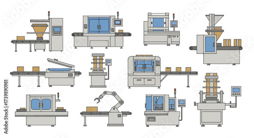 Set of industrial machines for factory automation and packaging.